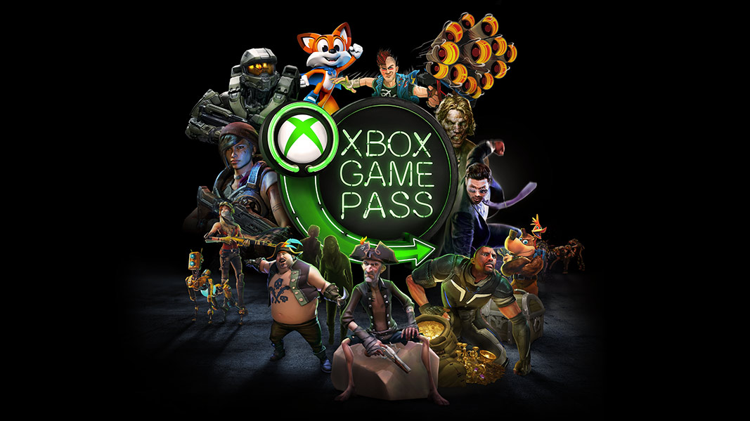 an array of xbox characters around a game pass sign