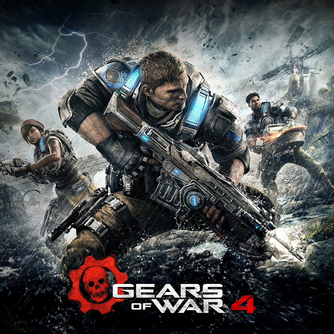 Afbeelding van verpakking Gears of War 4: JD, Del en Kait die een horde in een onweersstorm afweren