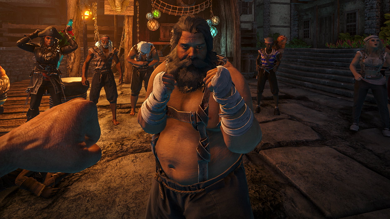Кулачная драка с другим персонажем (вид от первого лица) в окружении остальных игроков