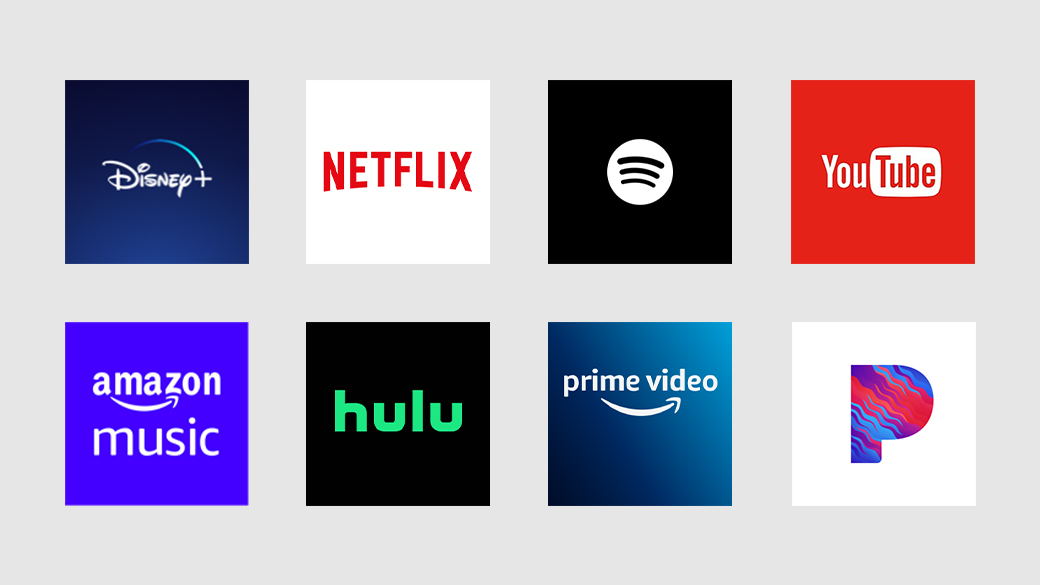 Um mosaico de ícones de aplicativos de entretenimento, incluindo Disney+, Netflix, Amazon, Hulu e mais.