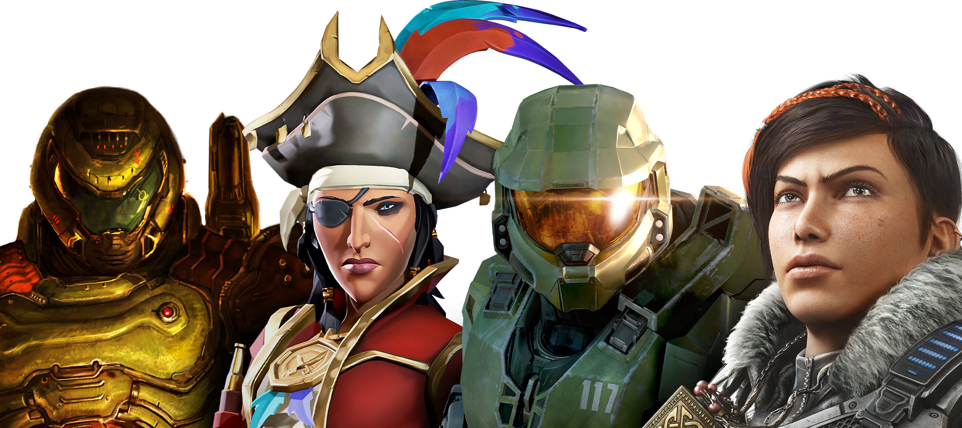 A line-up of characters featured in games on Xbox Game Pass. From left to right: DOOM Eternal, Sea of Thieves, Halo: Infinite and Gears 5.