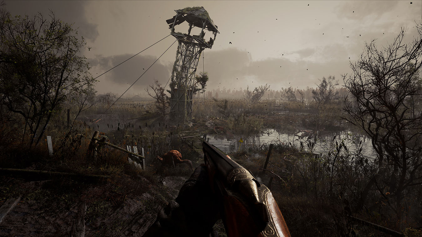 update main gallery with image: A decaying watch tower leans over a marsh as you aim your shotgun at an approaching mutant.