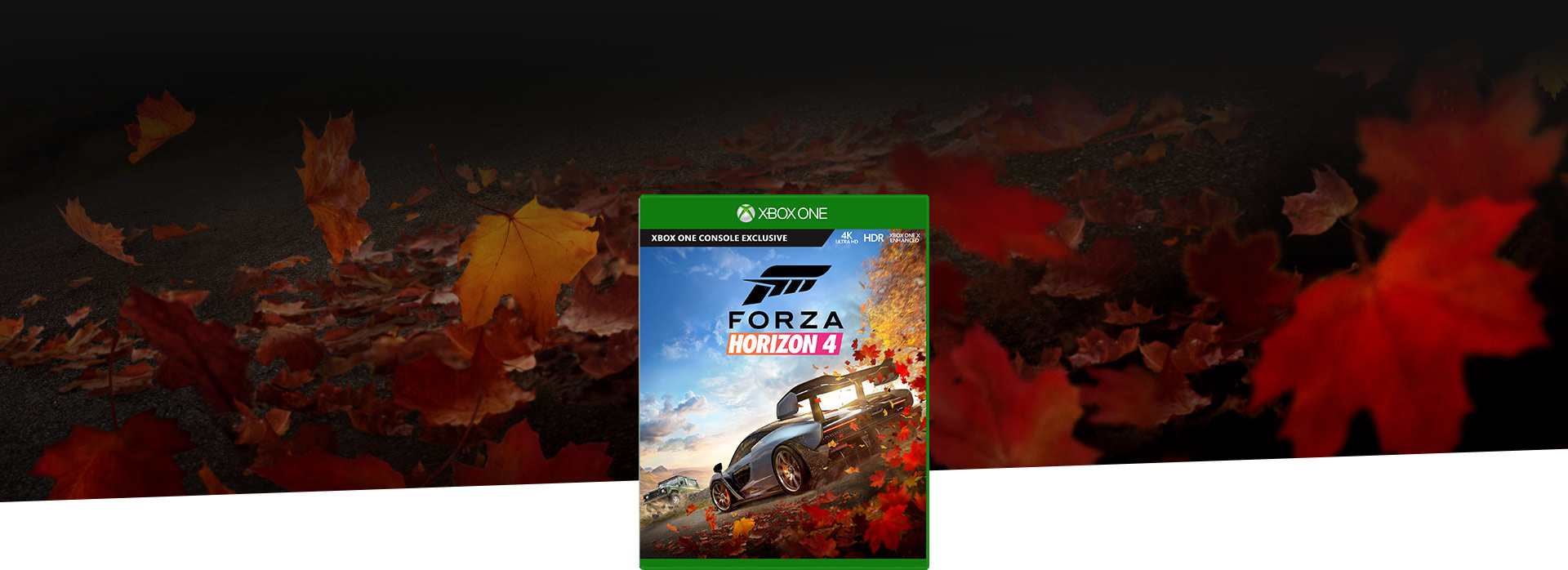 《Forza Horizon 4》包装盒照，以秋天树叶为背景