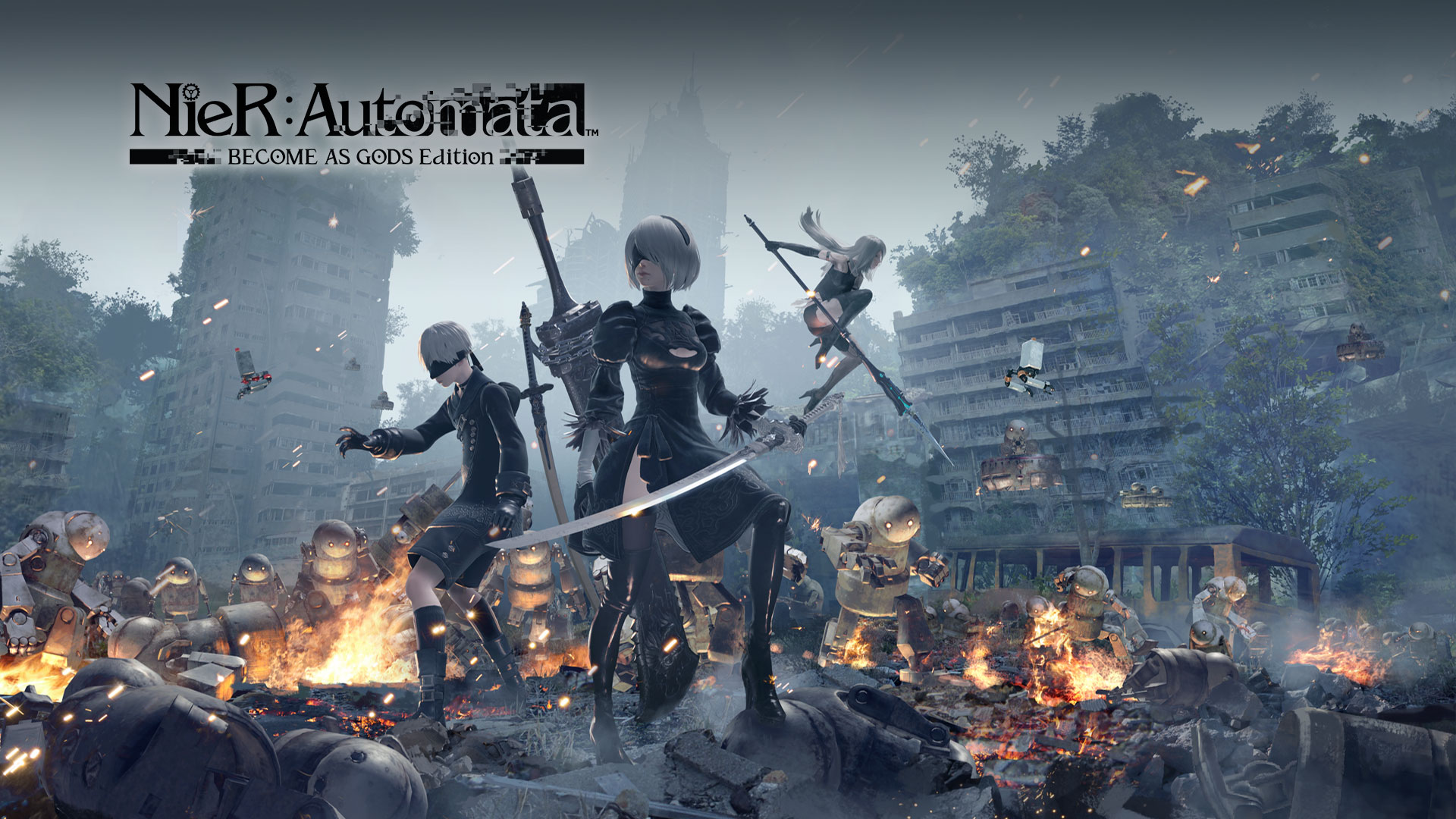 Nier Automata Become as Gods Edition, androids 2B, 9S and A2 battle machine invaders from another world