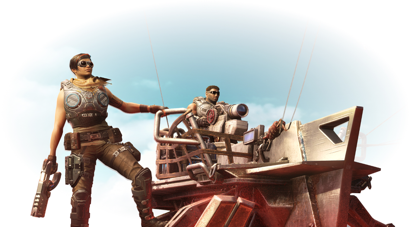 Gears 5. Kate Diaz holding onto a sand sailing vehicle.