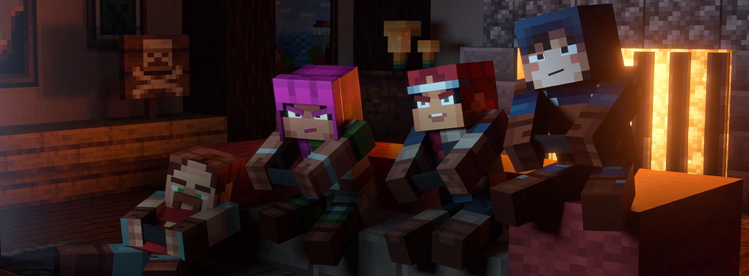 Postavy z hry Minecraft sedia na pohovke a sledujú televíziu