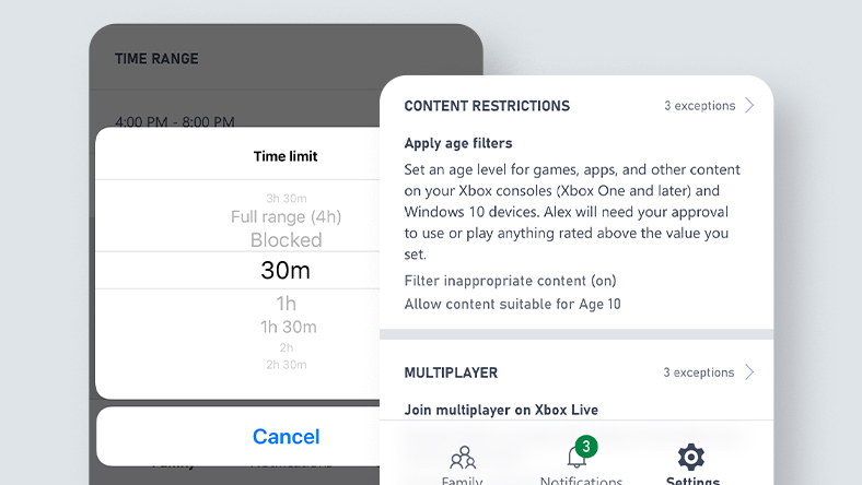 App UI screenshot showing allowed screen time settings.