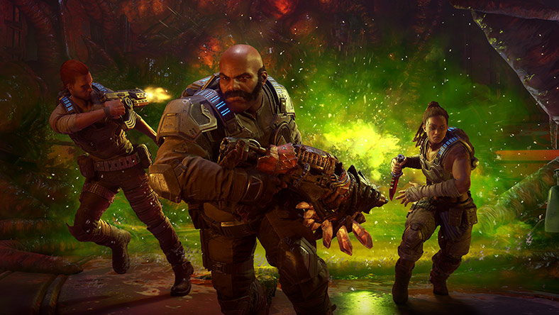 走出手持武器的 3 个游戏角色跑离发生绿色爆炸的蜂巢