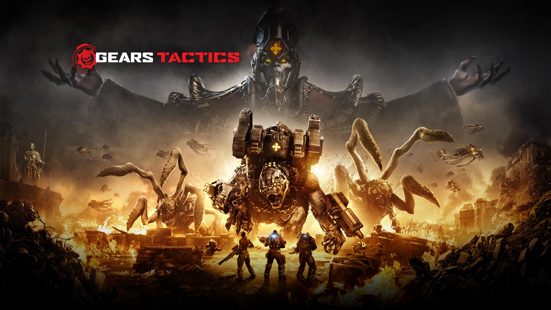 Gears Tactics Logo, scene med tre karakterer som skal til å kjempe mot flere store monstre mens området rundt dem er i brann