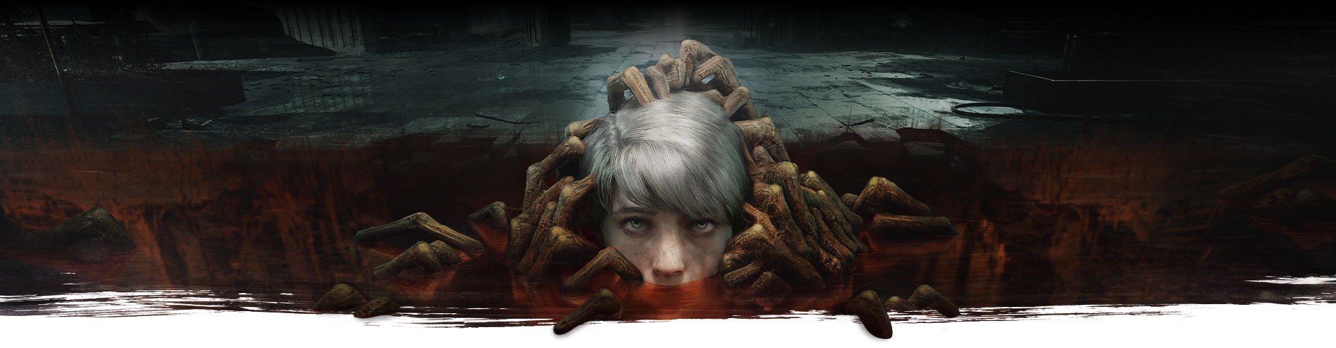 La testa di un bambino emerge da una pozzanghera piena di mani di zombi.
