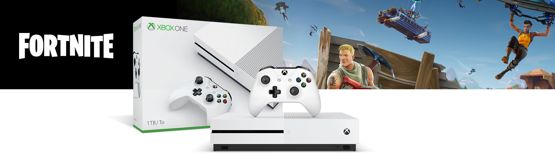 front view of xbox one s fortnite bundle with product box - v buck generator xbox one