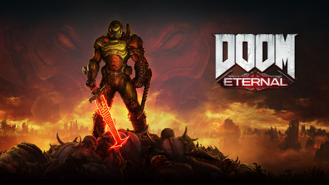 Doom Eternal, một kẻ giết người đứng trên một đống quỷ đã chết với một thành phố khói ở phía sau