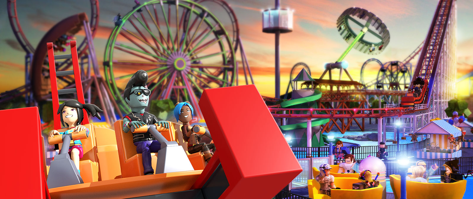 Personajes de Roblox en una atracción de carnaval con una montaña rusa y una noria al fondo en Theme Park Tycoon