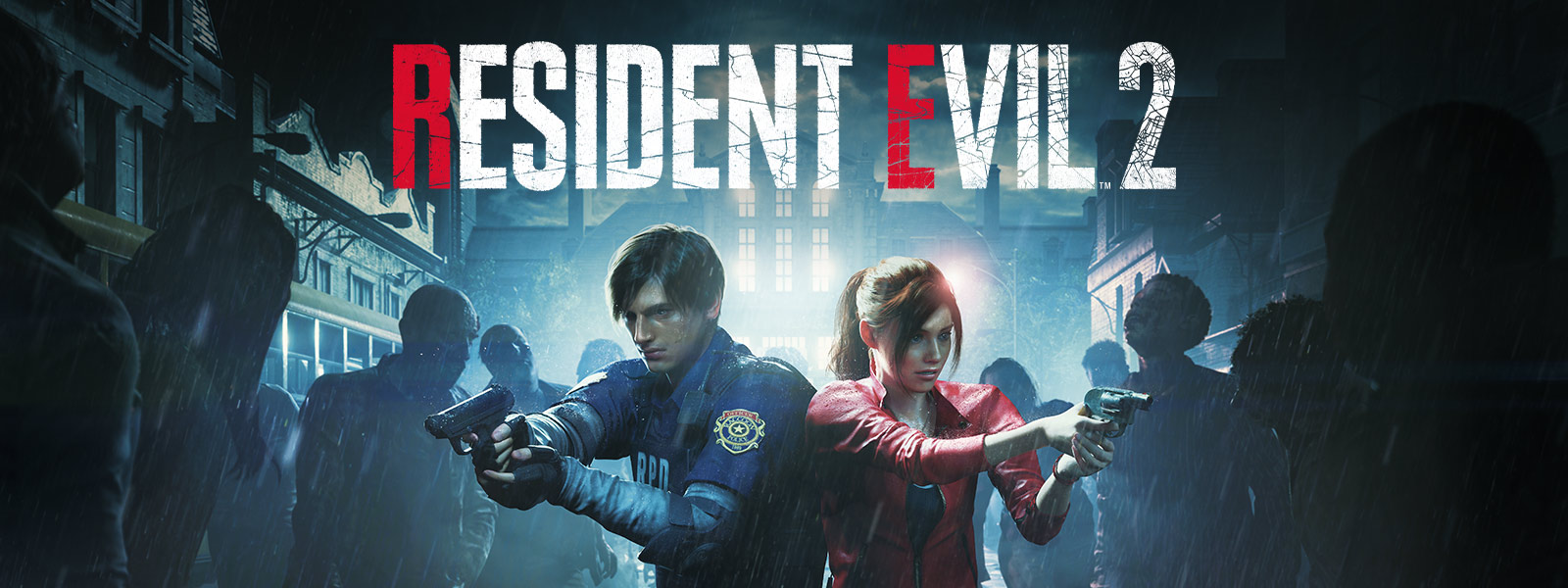 Resident Evil 2, Leon Kennedy und Claire Redfield stehen nebeneinander mit auf die sie umzingelnden Zombies gerichteten Waffen