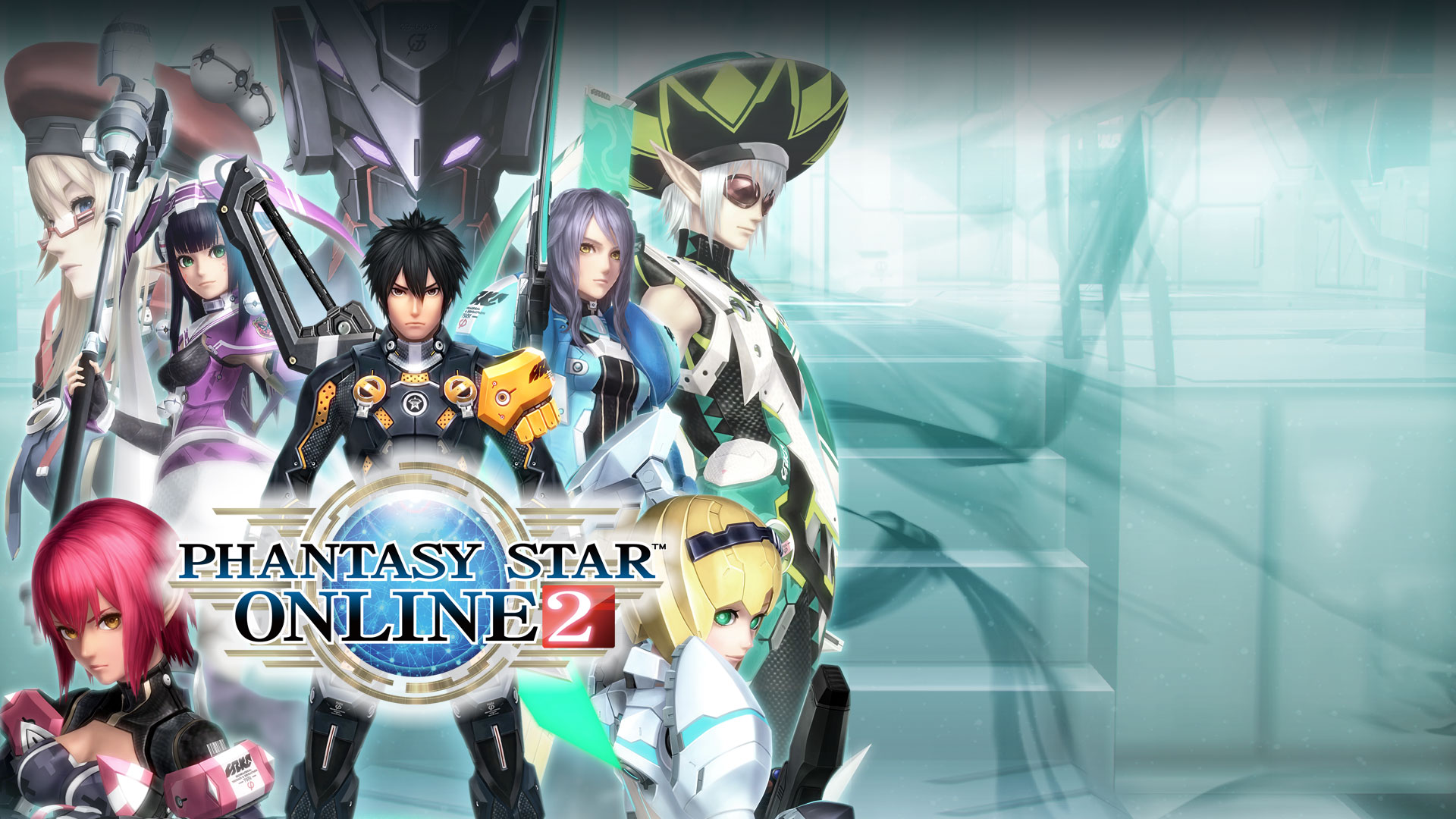 Phantasy Star Online 2, eine Collage von Charakteren aus dem Spiel.