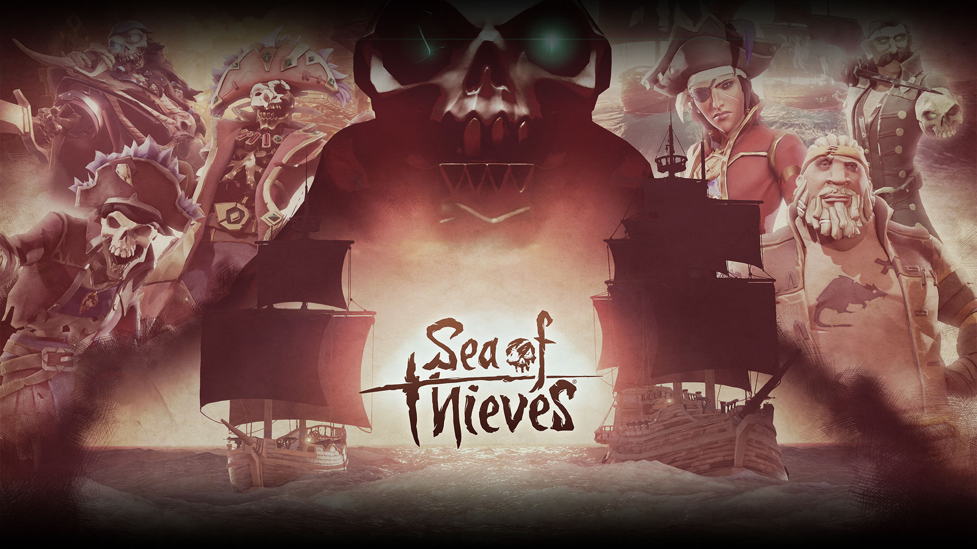 盗贼之海，巨大的骷髅挂在两条船的上空，背景是角色拼贴。