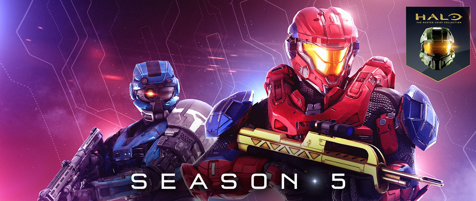 『Halo: The Master Chief Collection』シーズン 5、金色のバトルライフルを構える赤のスパルタンと、特別仕様の単眼ヘルメットを装着した青のスパルタン。