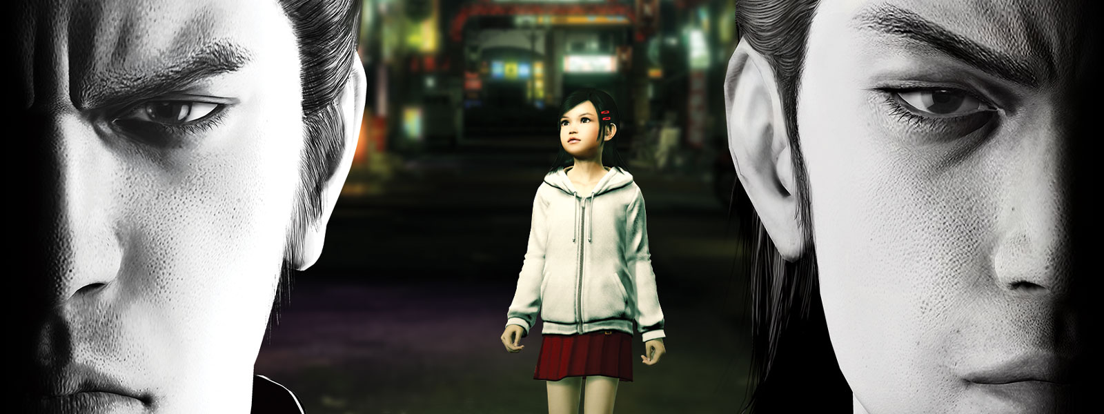 Küçük bir kız, arkalarındaki şehirde duruyorken karamsar şekilde ileri bakan iki Yakuza karakteri.