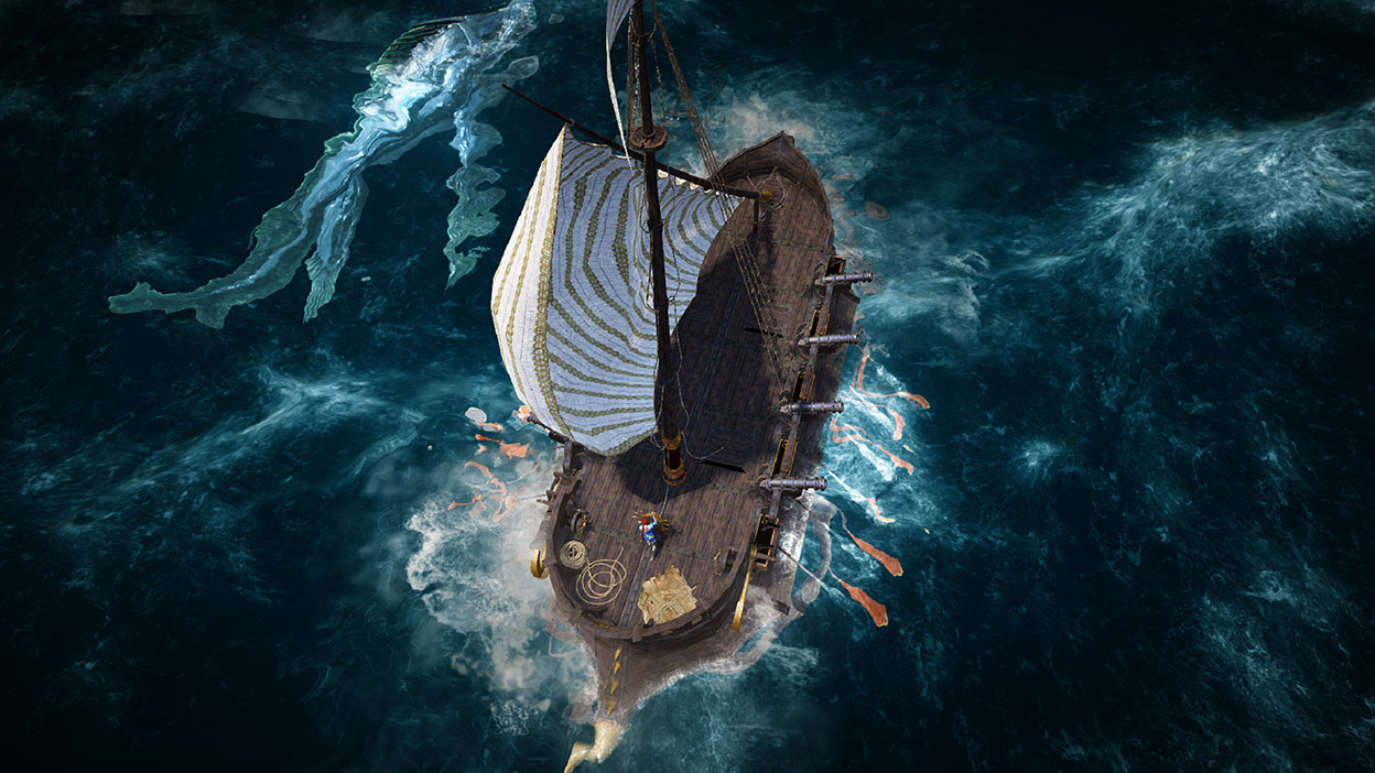 L’ombre d’un monstre marin sous un bateau en bois sur l’océan.