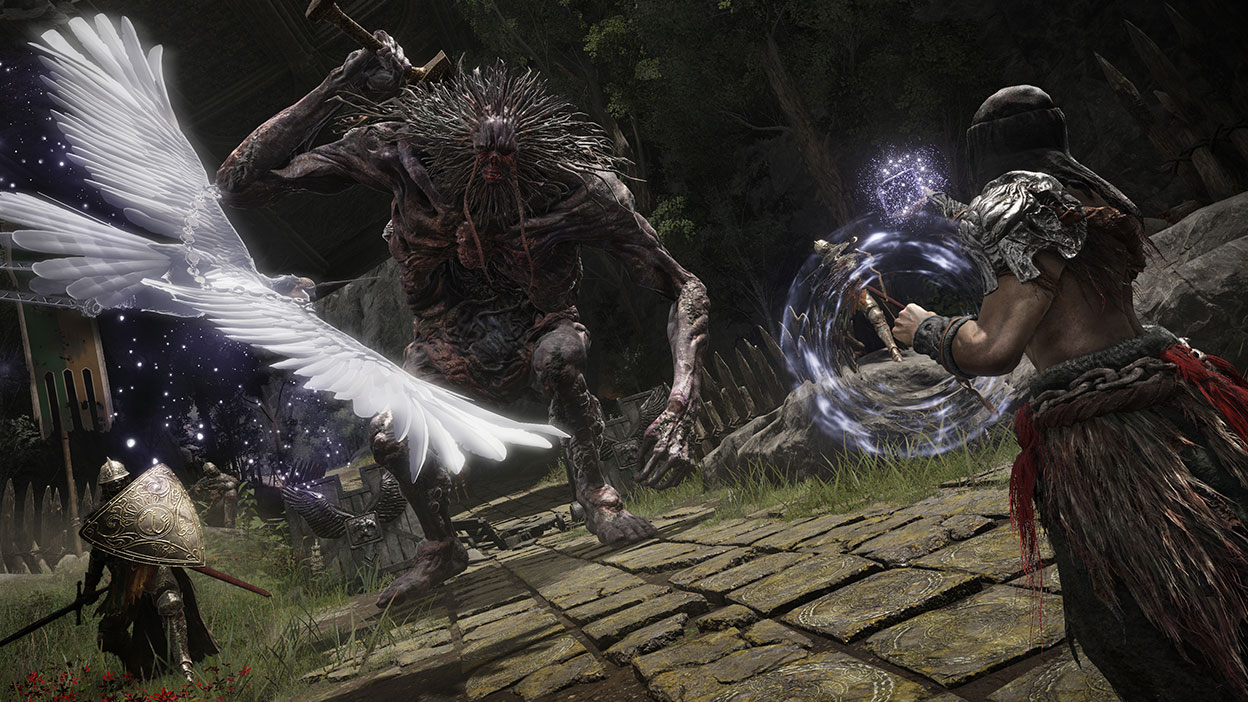 Des personnages combattent un monstre gigantesque tandis quʼun personnage ressemblant à un oiseau vole dans les airs