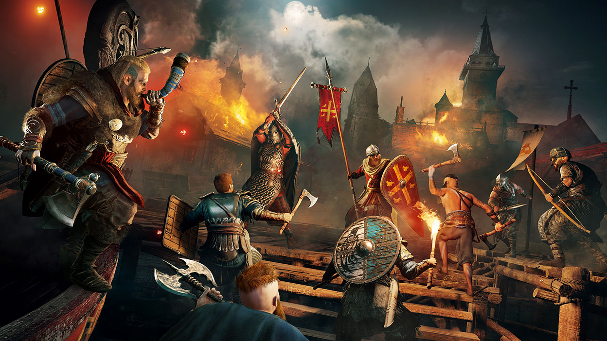 Un grupo de personas luchando en Assassin's Creed Valhalla
