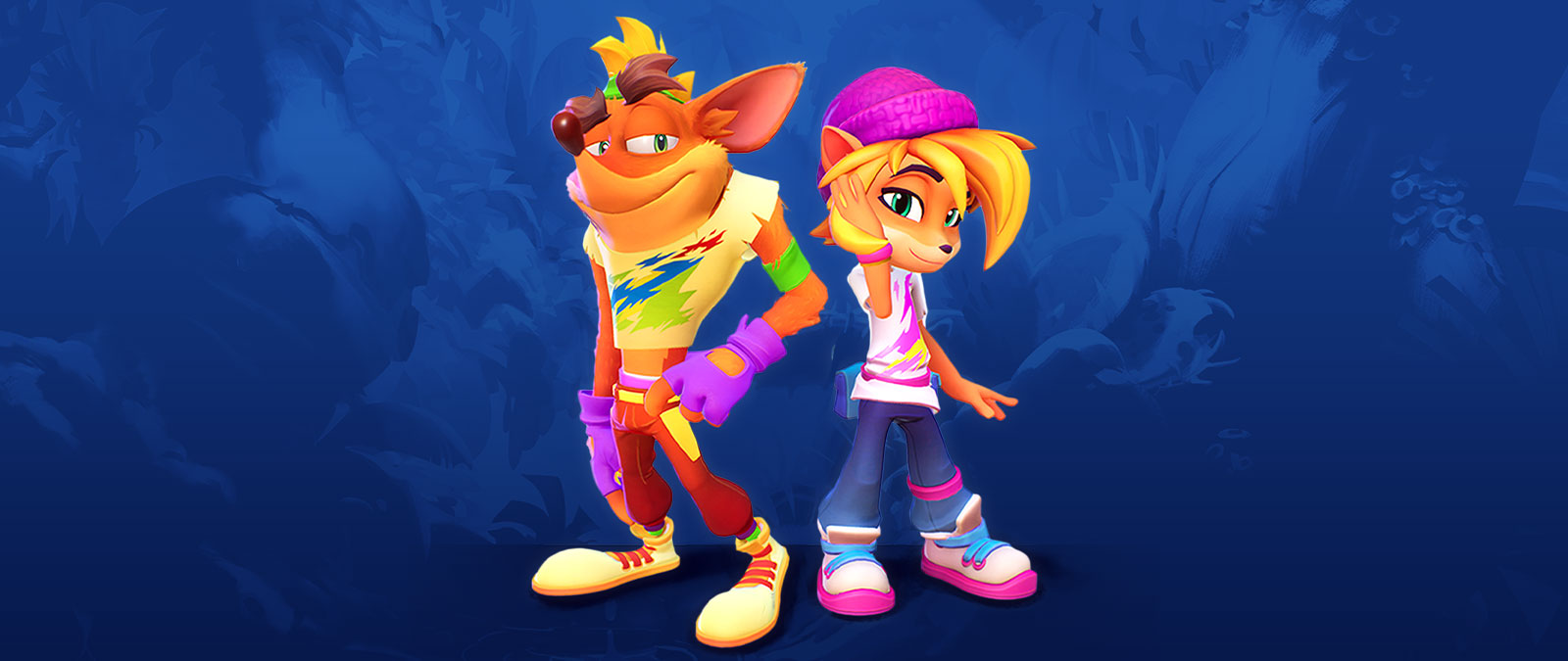 Crash and Coco stand in neon clothing. 
