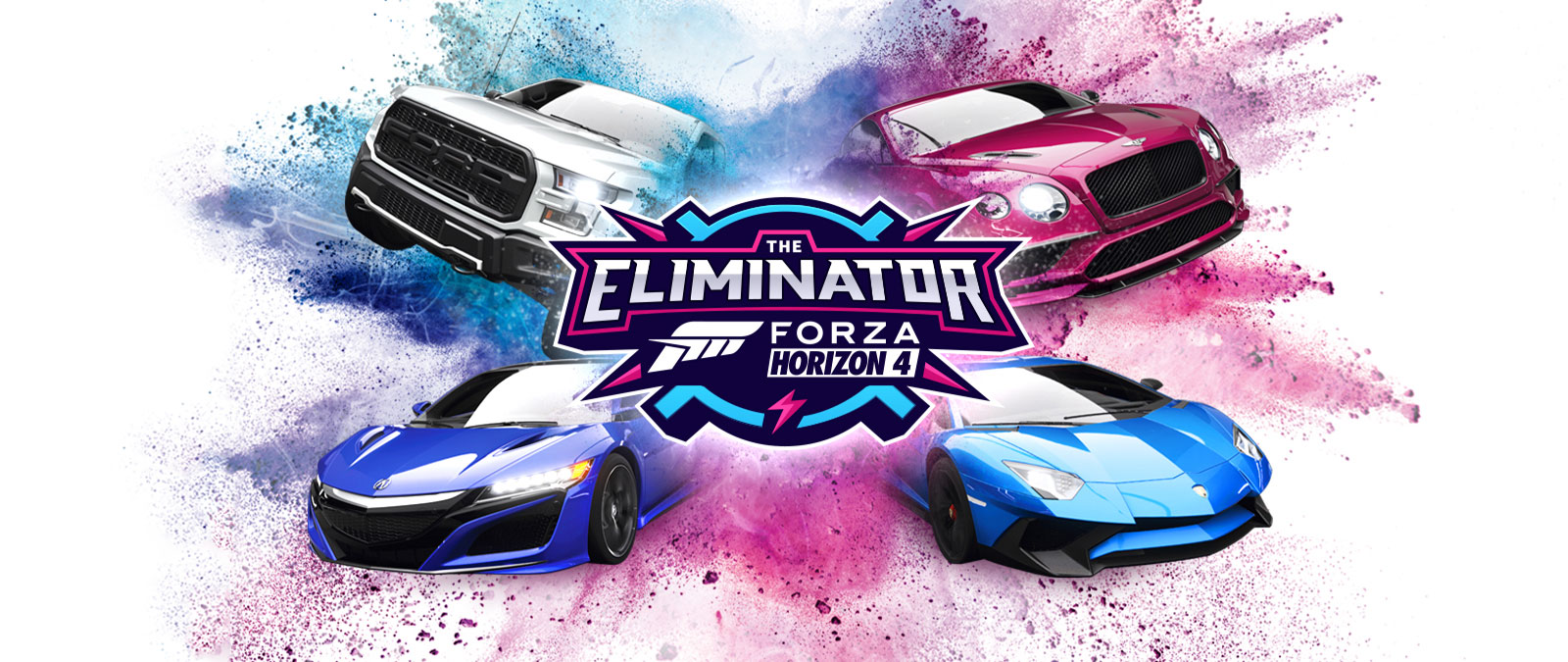 The Eliminator, λογότυπο του Forza Horizon 4, τέσσερα αυτοκίνητα με μπλε και ροζ σκόνη γύρω τους