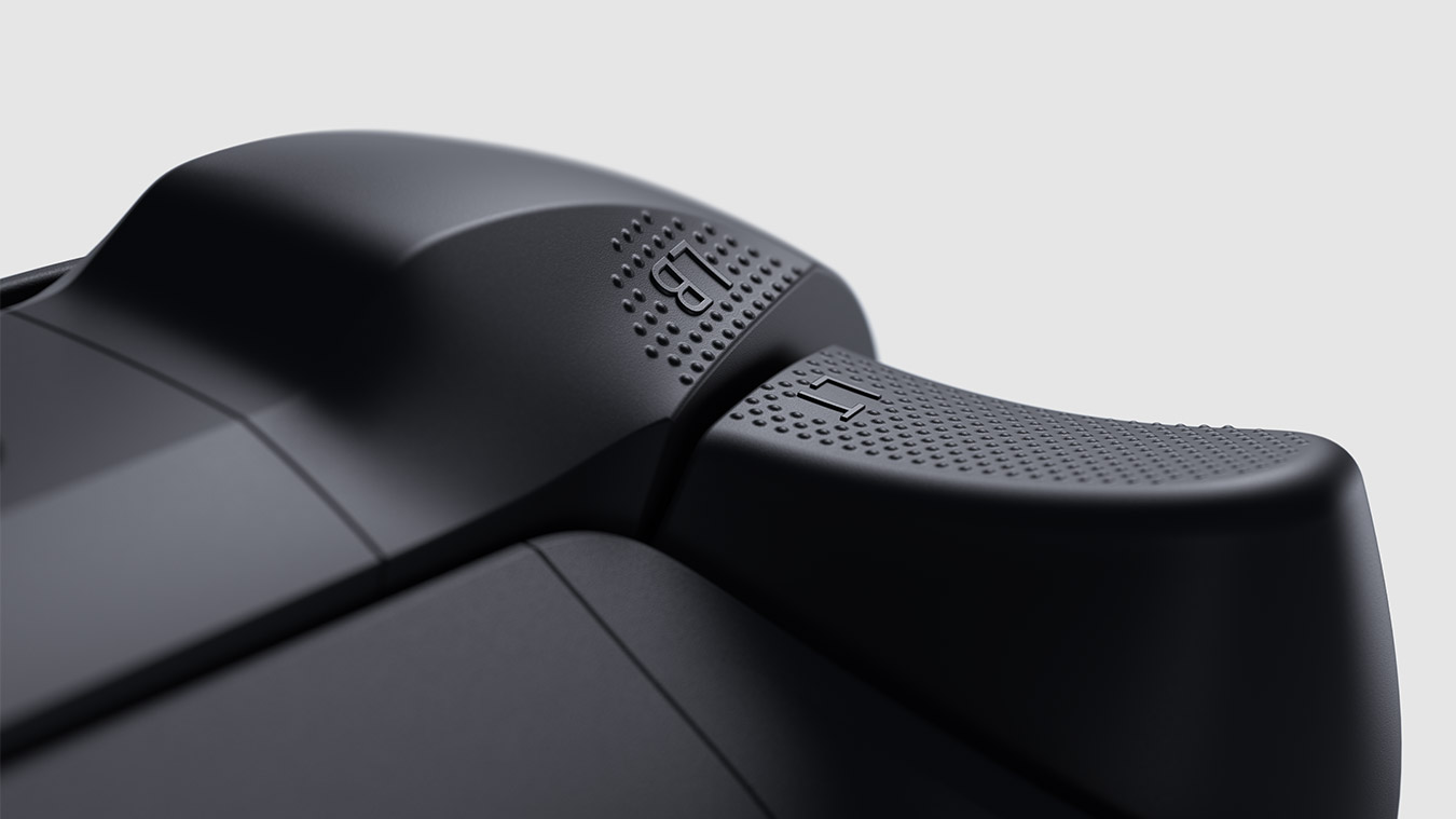 update main gallery with image: Close-up angle of the textured triggers on the Xbox Wireless Controller Carbon Black