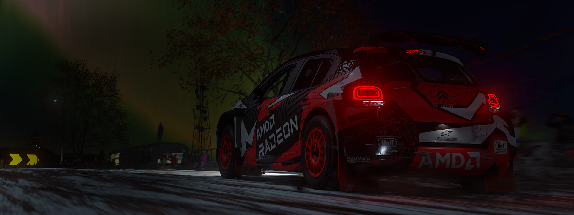 Red white and black Citroën hatchback with a spoiler from DIRT 5 driving away
