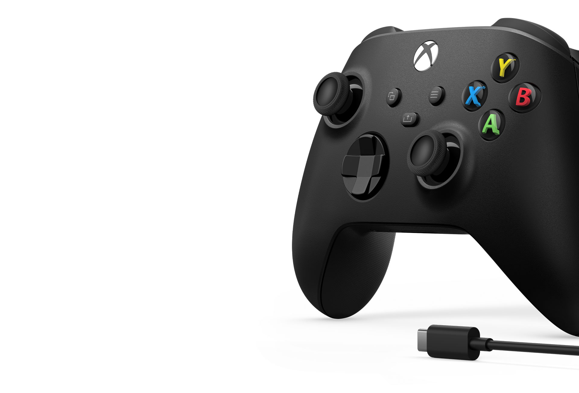 Right angle of the Xbox Wireless controller with the 9’ USB-C cable