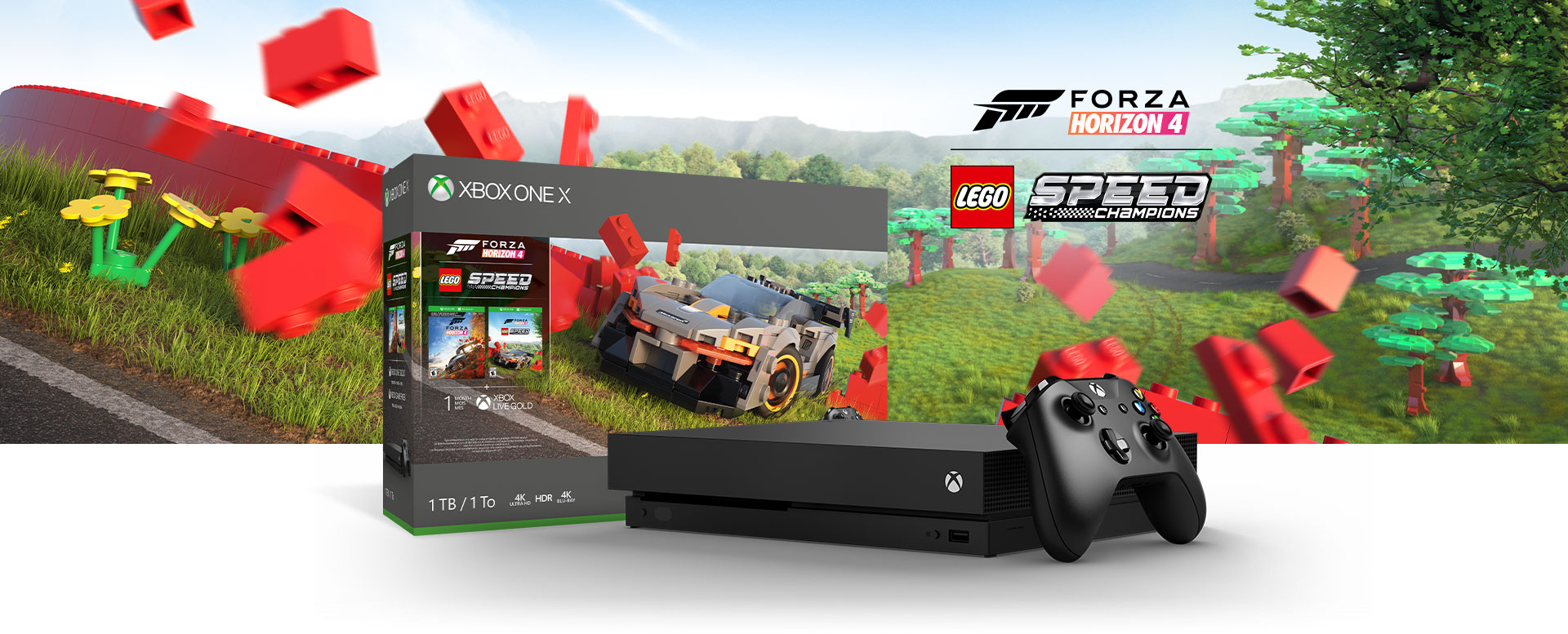 Xbox One X console in front of a hardware bundle box featuring Forza Horizon Lego art; Forza Horizon 4 logo, Lego Speed Champions logo.