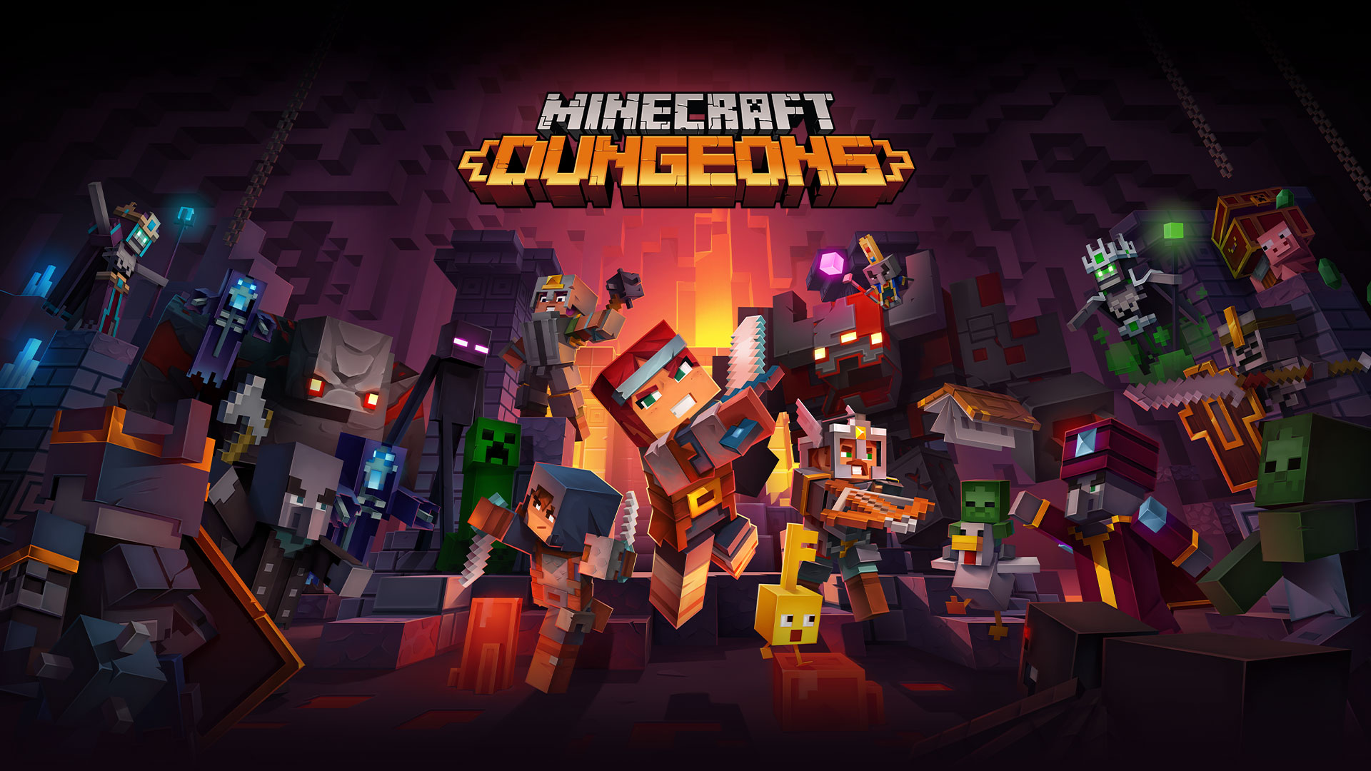 Minecraft Dungeons 徽标前，所有 Minecraft 角色在地下城中战斗
