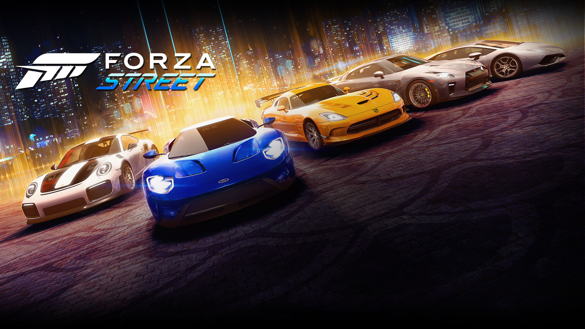 Forza Street, lineup of legendary cars in the background
