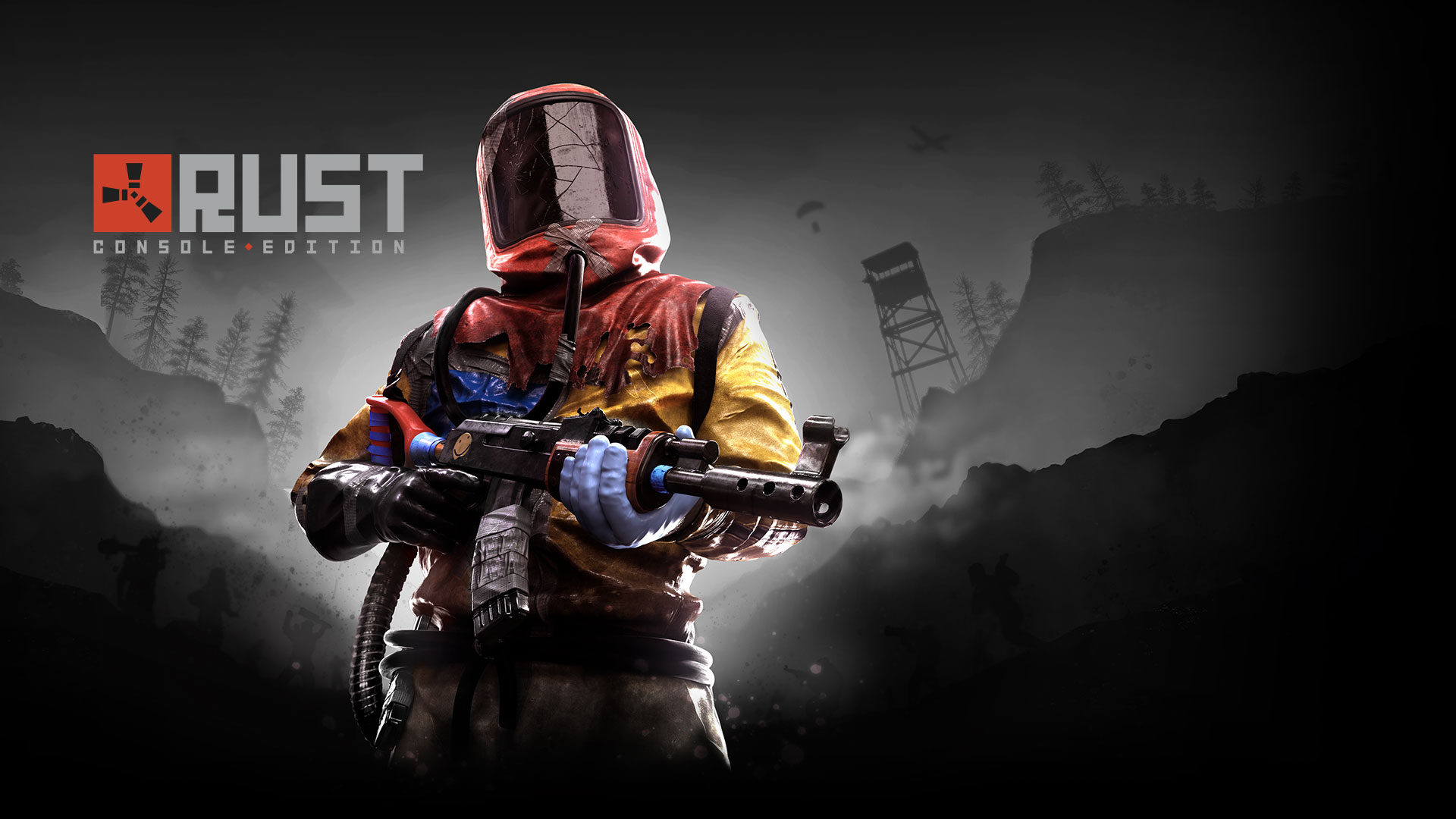 Rust Console Edition. Personagem de Rust segurando uma arma em um vale escuro.
