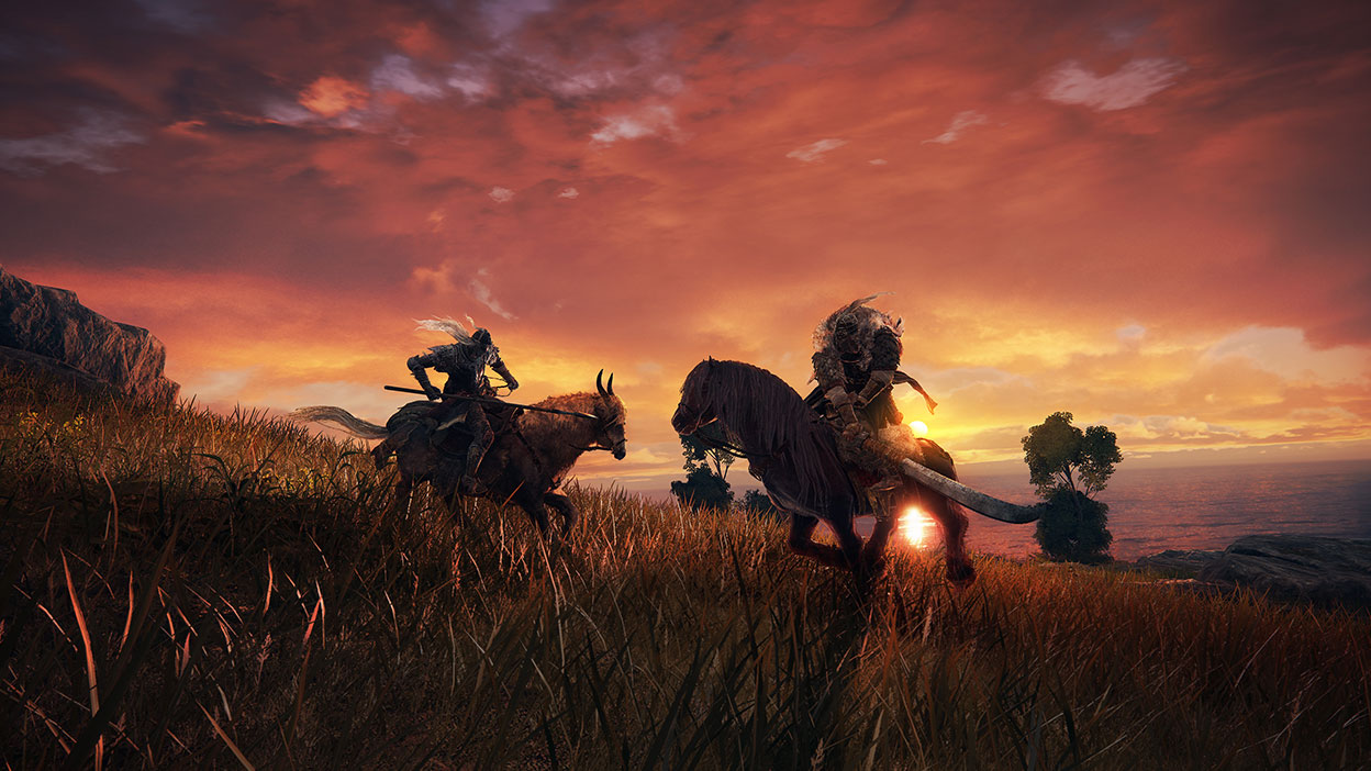 To karakterer på hester kjemper på en mark ved solnedgang