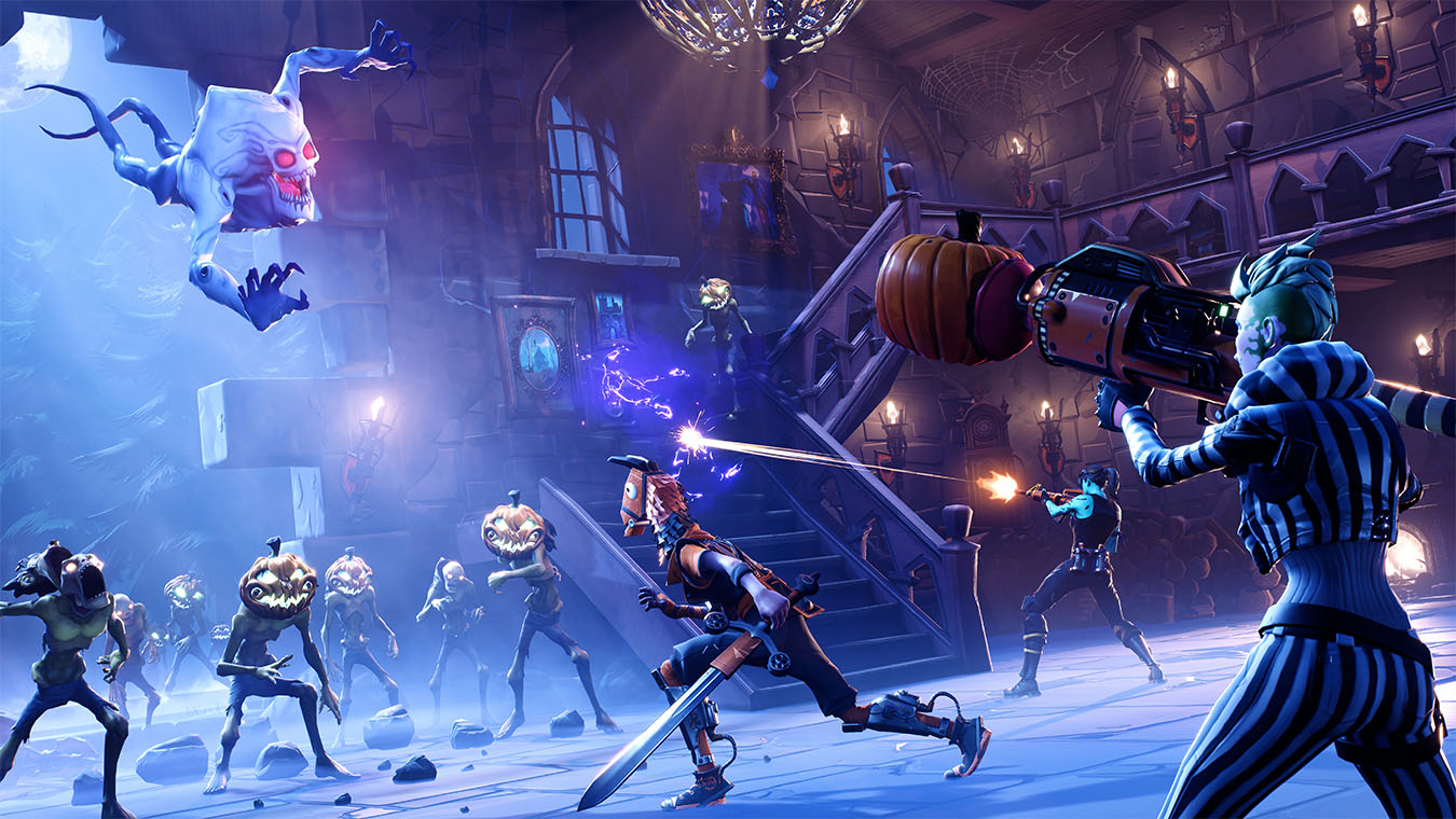 see image characters fight ghoulish monsters in a haunted house - where can i play fortnite online