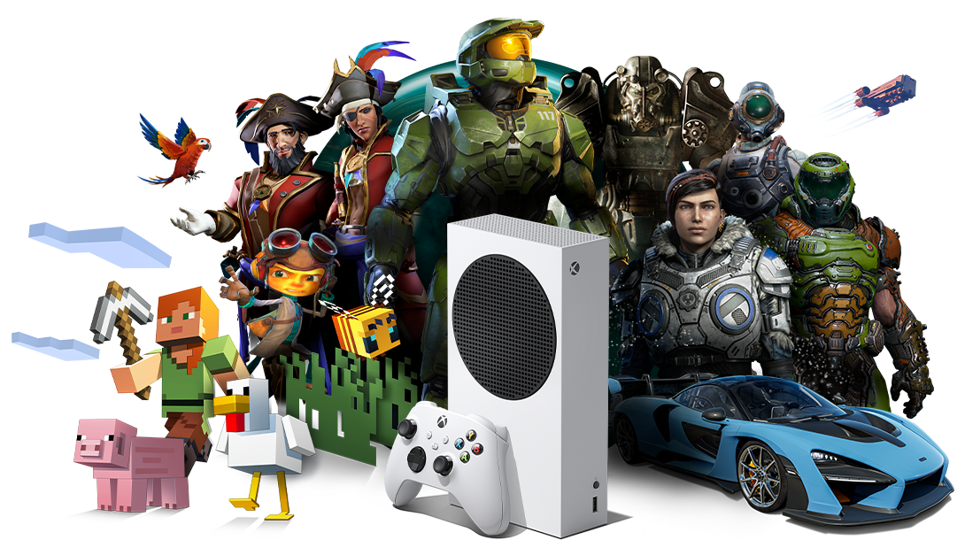 Uma consola Xbox Series S e um Comando Sem Fios Xbox em frente a uma coleção de personagens de jogos da Xbox.