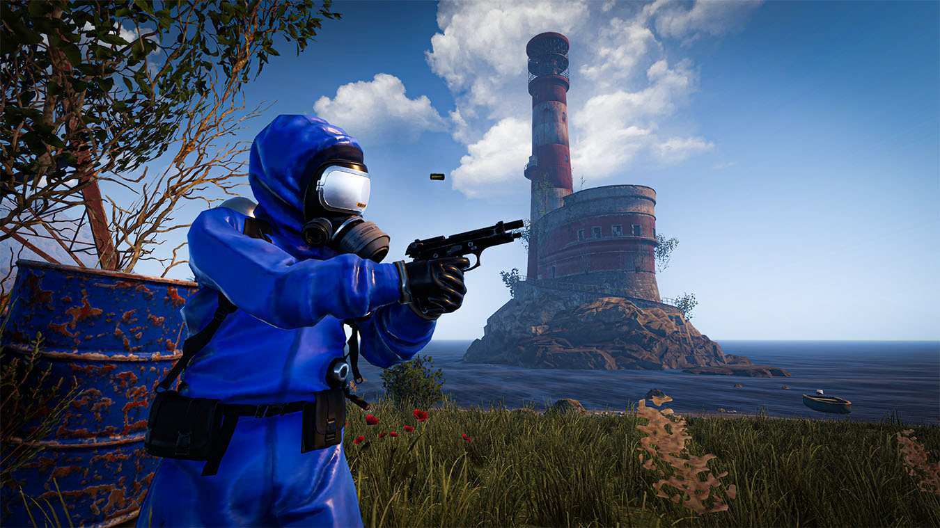 update main gallery with image: Character in a blue suit holding a gun by a lighthouse