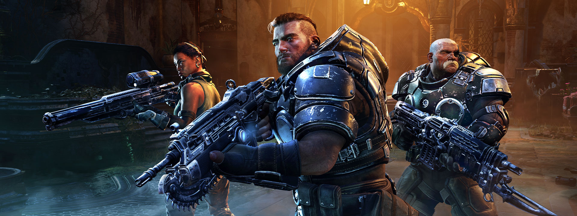 Οι χαρακτήρες Mikayla, Gabe και Sid από το Gears Tactics ετοιμάζονται για μάχη με τα όπλα τους