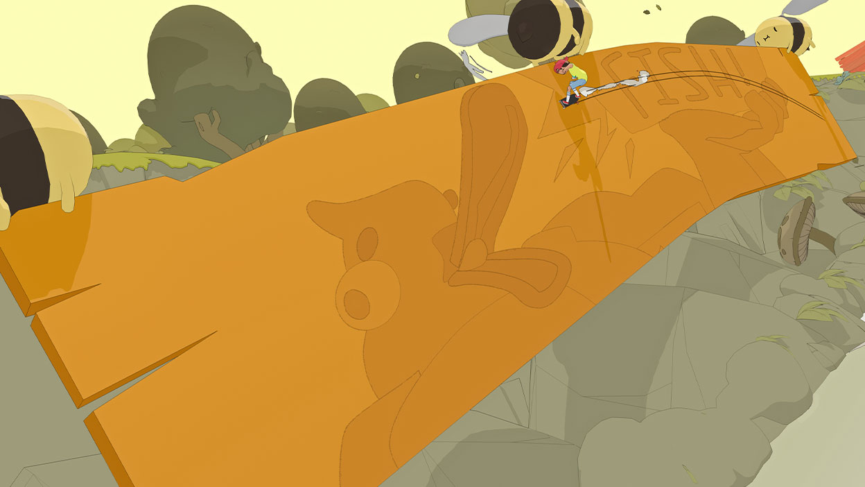 角色在巨大木墻上滑行，繪有巨型鳥類塗鴉，那隻鳥正透過標有「魚」的盒子進食。