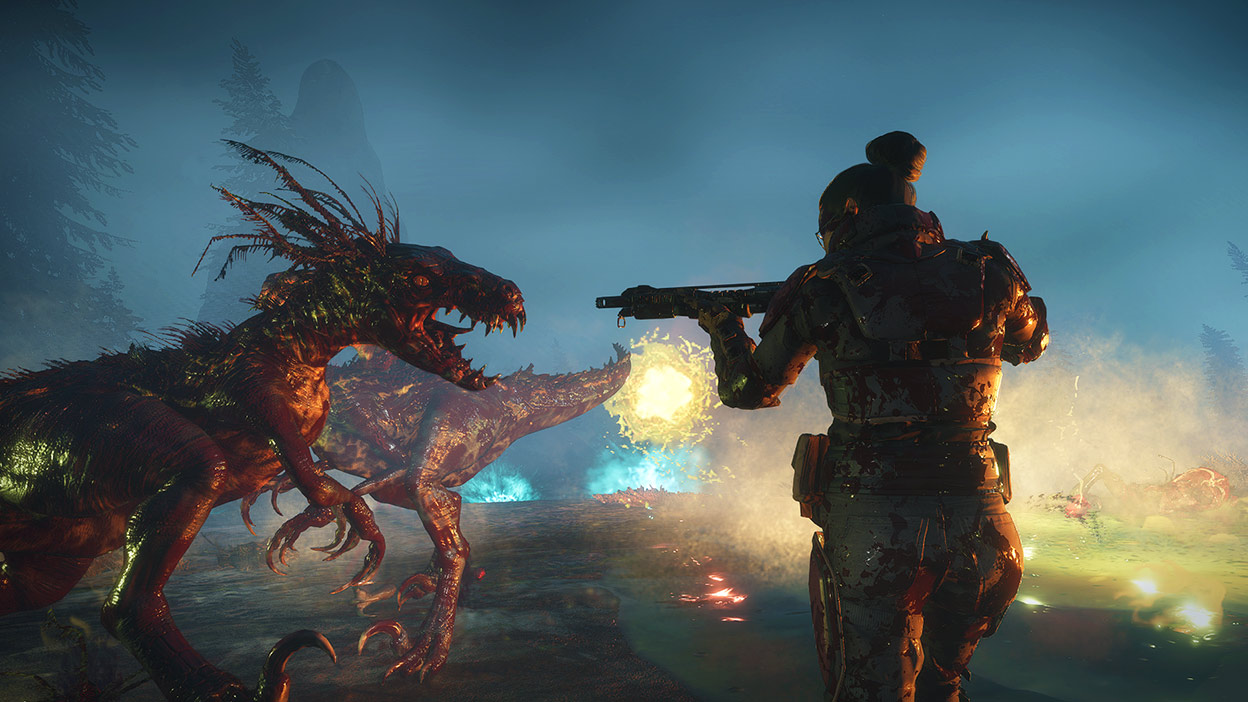 Um personagem aponta sua arma diretamente para um dinossauro mutante.