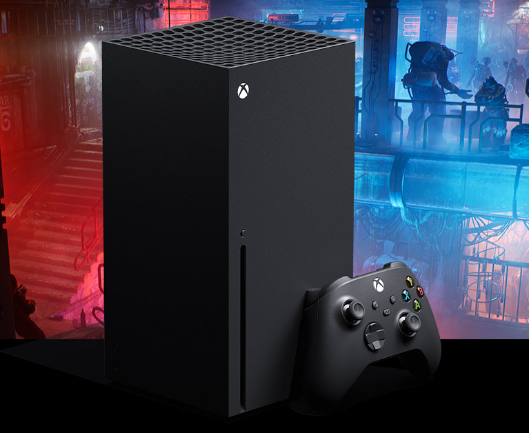 Console Xbox Series X na posição vertical e controle