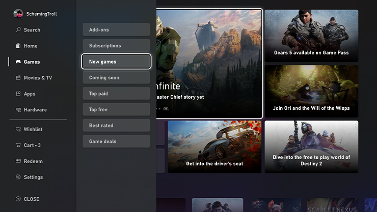 Un nuovo menu che mostra la sezione dei giochi della nuova interfaccia di Microsoft Store.