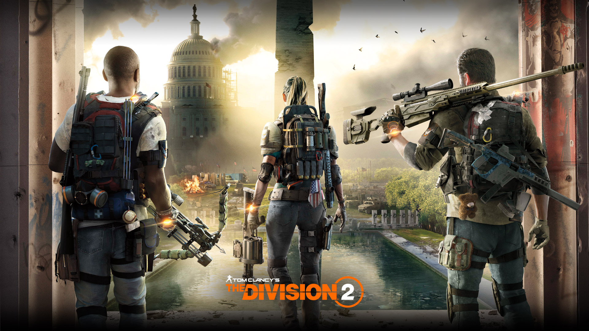 Tom Clancy’s The Division 2, three heavily-geared people look out over a ravaged Washington D.C.