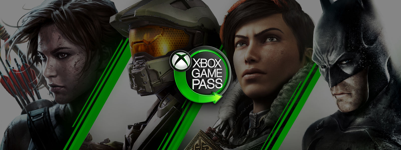 Xbox Game Pass neon sign with Xbox nexus logo and green arrow surrounded by Lara Croft, Master Chief, Kait Diaz, and Batman.