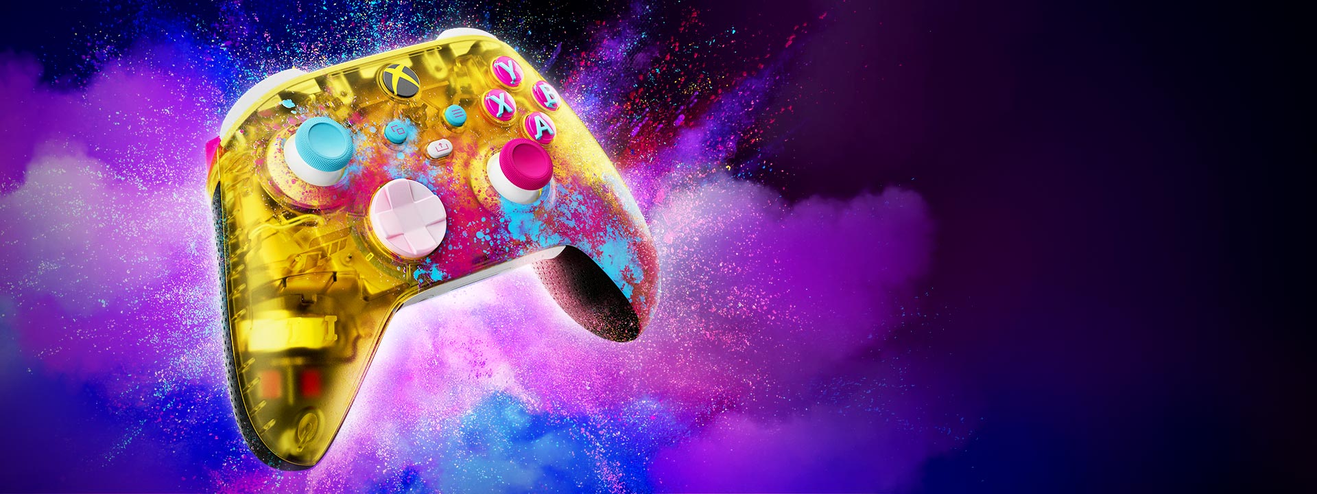Xbox Wireless Controller – Forza Horizon 5 with a colorful paint splash background