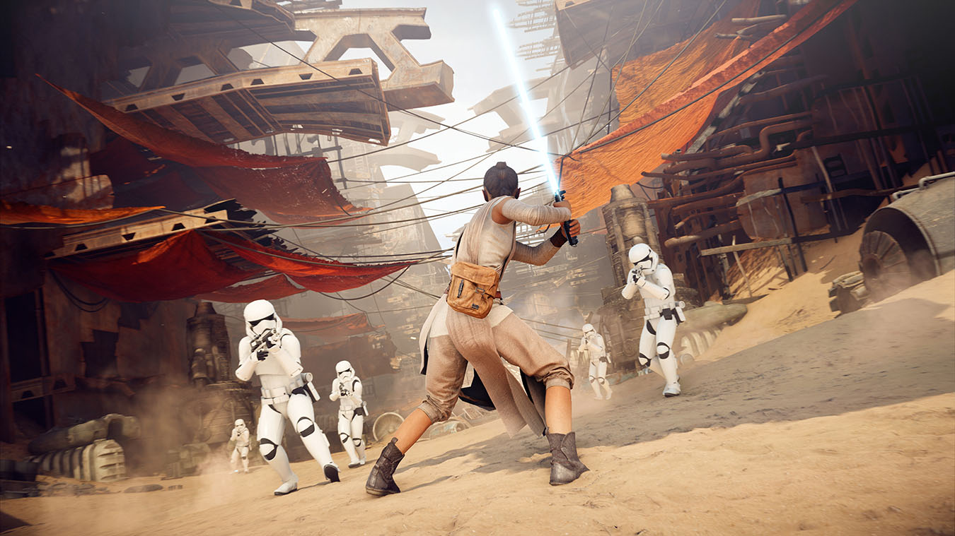 update main gallery with image: Rey drží světelný meč před několika stormtroopery na pouštní planetě.