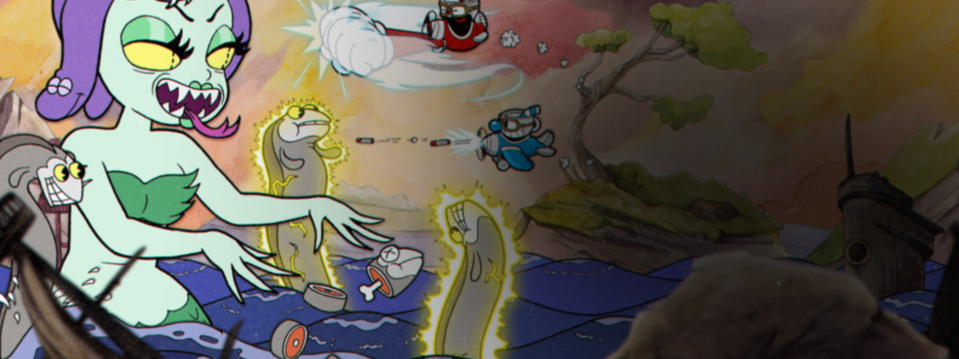 Cuphead and Mugman ride in aeroplanes and fire at the Mermaid Cala Maria attacking them with eels