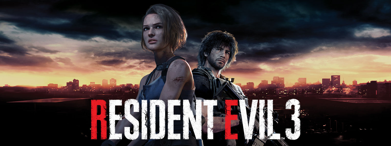 Resident Evil 3, Jill Valentine og Carlos Oliveira står med skylinen fra Raccoon City bag sig
