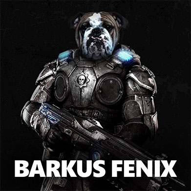身穿 Gears COG 盔甲的斗牛犬，标题为 Barkus Fenix